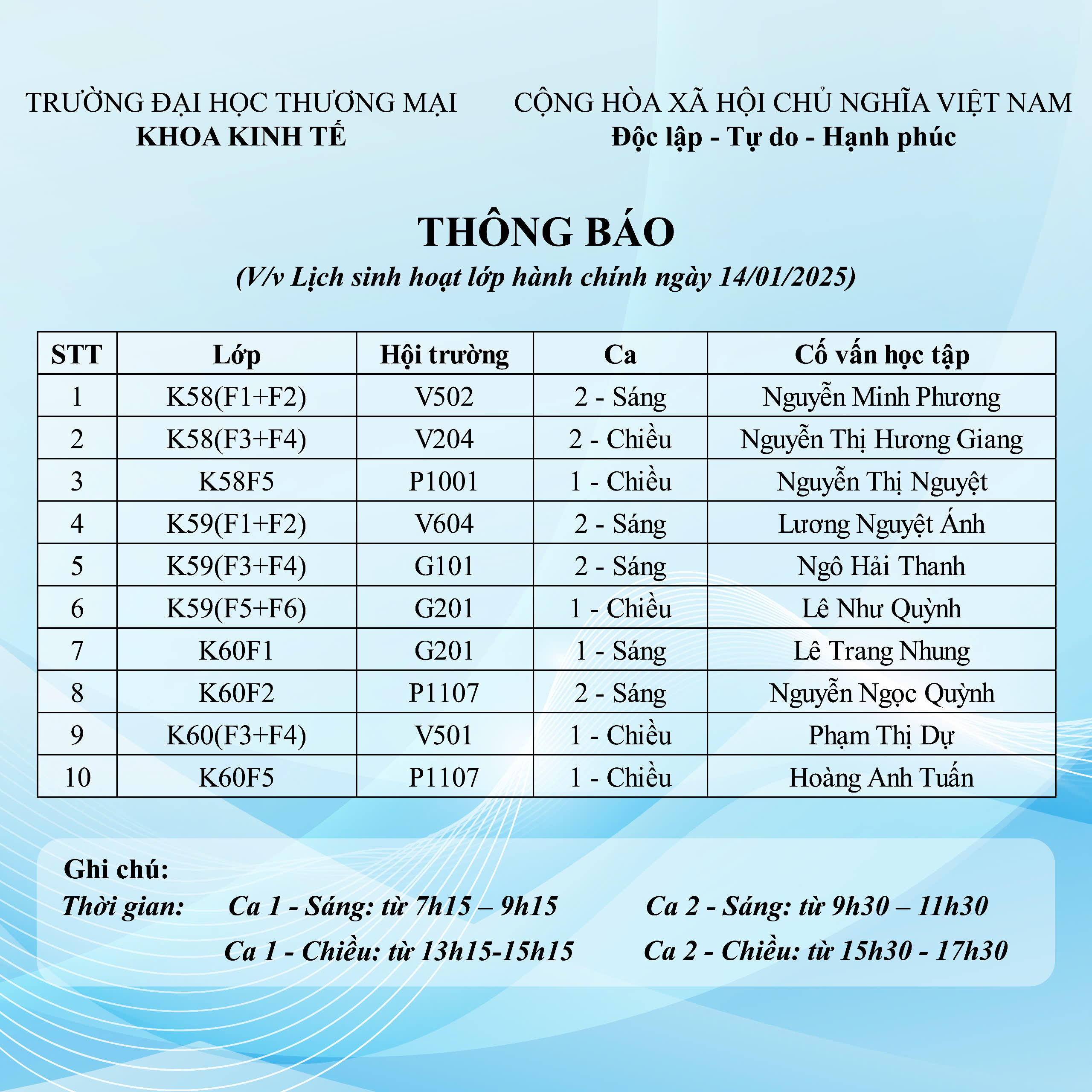 Lịch sinh hoạt lớp hành chính ngày 14/01/2025