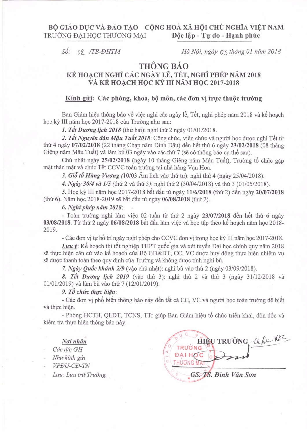 THÔNG BÁO (V/v: Kế hoạch nghỉ các ngày lễ, Tết, nghỉ phép năm 2018 và kế hoạch học kỳ III năm học 2017-2018